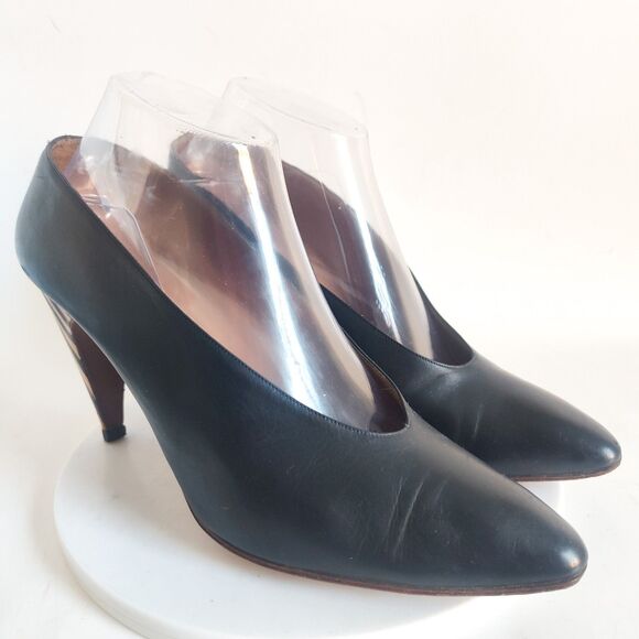 Petra Firenze Heels 9.5 Italian Leather Sole Pumps Navy Blue Pointy Toe Striped - Picture 2 of 13